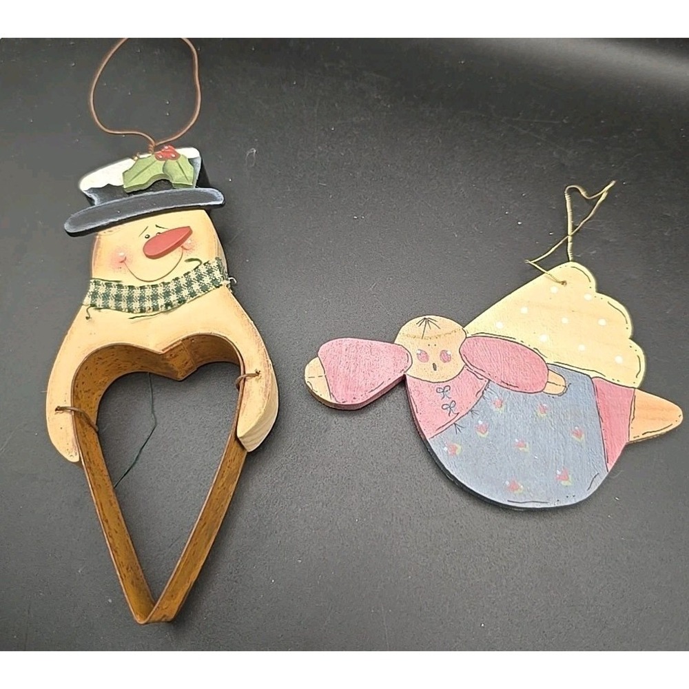 2 Wood Ornaments Snowman With Heart Cookie Cutter And Angel Ornament